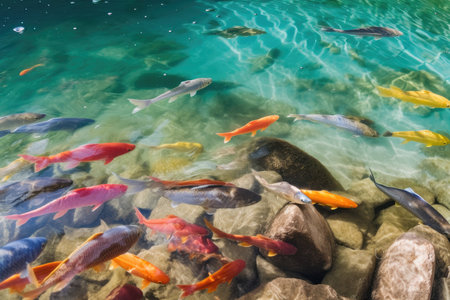 school of colorful fish swimming in crystal-clear freshwater stream, created with generative aiの素材
