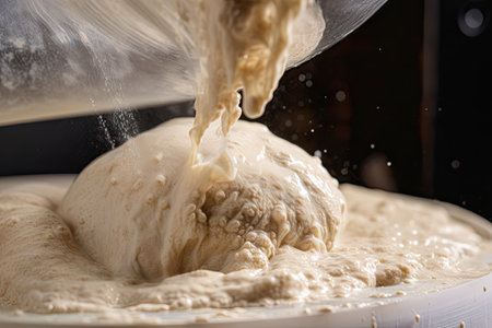 close-up of a bubbling sourdough starter, showing the fermentation process in action, created with generative aiの素材