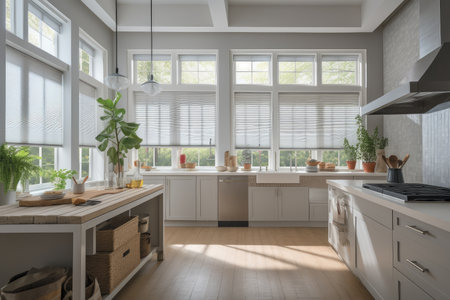 a sunny kitchen, with automated blinds and shades filtering the light and providing privacy, created with generative aiの素材