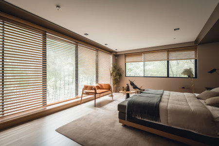room, with blinds and window treatments that automatically open and close to provide privacy and light, created with generative aiの素材