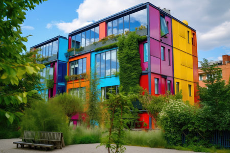 boldly colored building surrounded by greenery, created with generative aiの素材