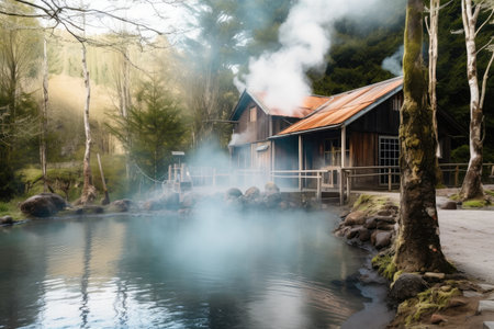 forest hideaway with natural hot spring and steam rising from the water, created with generative aiの素材