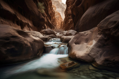 abstract canyon with blurred and serene waterfalls, a peaceful escape, created with generative aiの素材