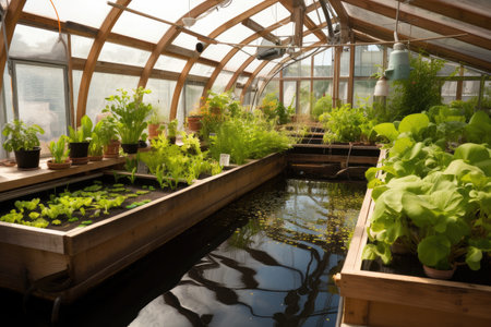 aquaponics system with fish, plants, and vegetables growing in a greenhouse setting, created with generative aiの素材