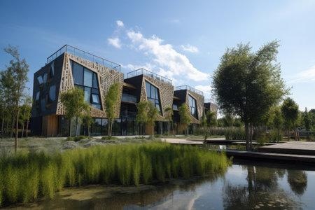 green and sustainable building, powered by solar panels and recycled materials, created with generative aiの素材