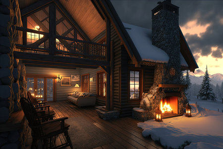 cozy chalet with fireplace and warm lighting, perfect setting for winter getaway, created with generative aiの素材