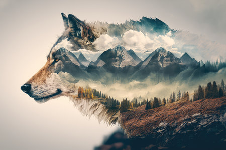 double exposure of wolf and towering mountain, with misty clouds in the background, created with generative aiの素材
