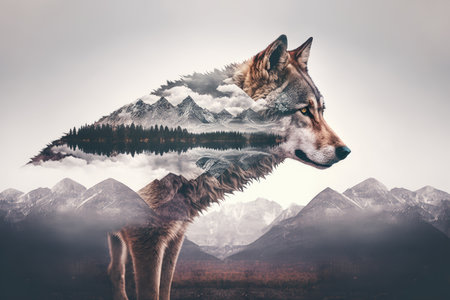 double exposure of wolf and snowy mountain range, with misty clouds in the background, created with generative aiの素材