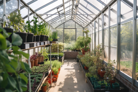 modern greenhouse, filled with plants and crops of the season, created with generative aiの素材
