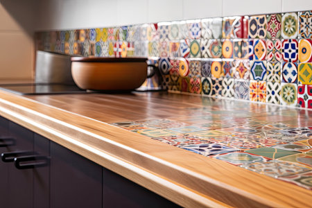 close-up of new kitchen countertop with colorful ceramic tiles and board, created with generative aiの素材