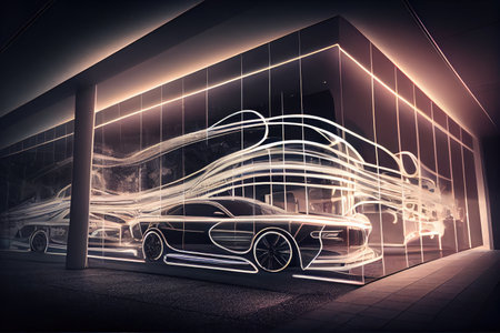 fabulous automobile showroom with double exposure of lights and objects, created with generative aiの素材