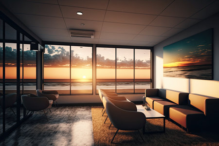 a view of the empty reception area, with a view of the ocean and sunset, created with generative aiの素材