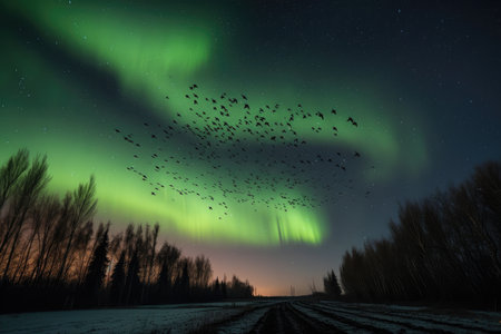 a flock of birds fly in formation above the aurora, created with generative aiの素材
