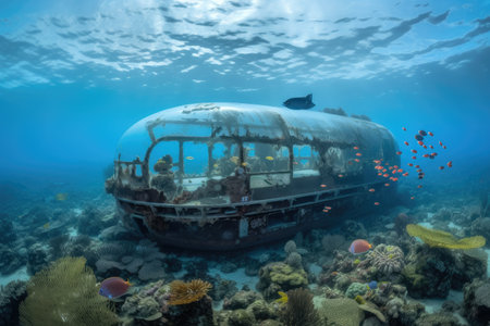 submersible, with view of vibrant coral reef, surrounded by schools of fish, created with generative aiの素材