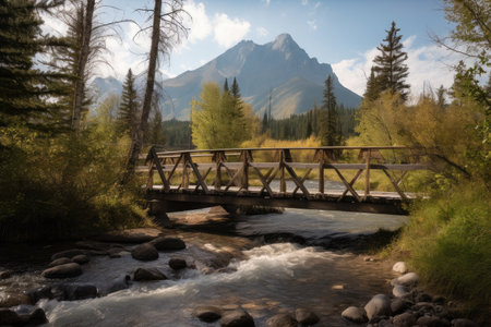 footbridge over rushing stream, with view of towering mountain range in the background, created with generative aiの素材