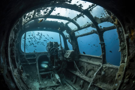 subequentlt submersible explores wreck of scuttled battleship, with view of the remains visible through the windows, created with generative aiの素材