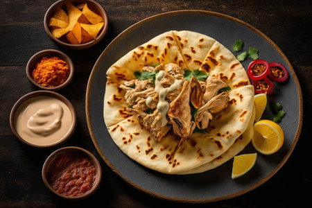 plate of chicken shawarma, served with hummus and pita bread, created with generative aiの素材