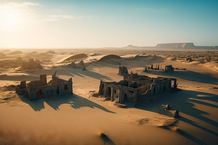 ruins of a long-lost civilization surrounded by sand dunes and endless desert, created with generative aiの素材