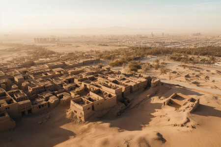 an aerial view of ancient desert ruins, with a modern city and its skyline visible in the distance, created with generative aiの素材