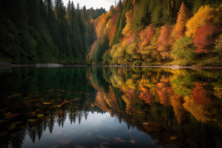 lake, with reflection of the changing seasons, showing warm summer days and cool autumn nights, created with generative aiの素材