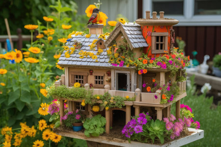 decorated birdhouse with bright flowers and a variety of feeders, created with generative aiの素材