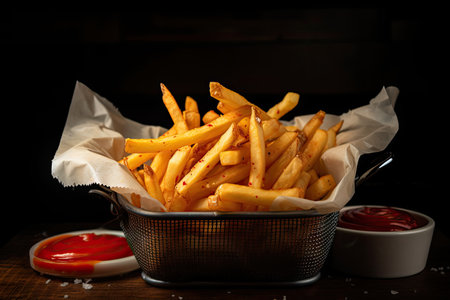 a basket of hot and crispy french fries, ready to be doused in your favorite sauces, created with generative aiの素材