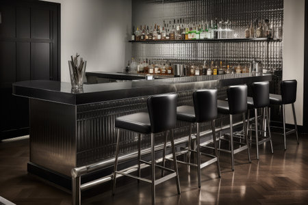 bar with sleek stainless steel countertop, black leather barstools and glass bottles for drinks, created with generative aiの素材