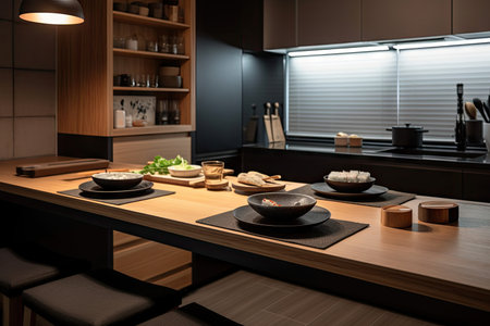 modern, minimalist kitchen with stainless steel appliances and plate of fresh sushi, created with generative aiの素材