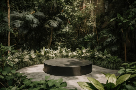 minimalist round podium surrounded by lush greenery and flowers, created with generative aiの素材