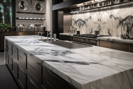 stainless steel countertop and backsplash with marble accents, created with generative aiの素材