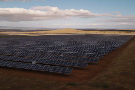 solar farm, with rows of panels and installations towering over the landscape, created with generative aiの素材