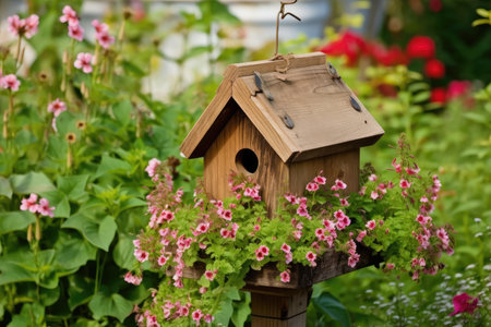 birdhouse surrounded by blooming flowers and hummingbirds, created with generative aiの素材