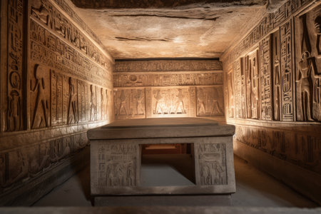 ancient tomb, hidden beneath the sands, with intricate carvings and decorations, created with generative aiの素材