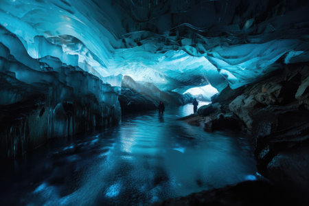 frozen cavern with eerie blue glow, produced by bioluminence in the water, created with generative aiの素材