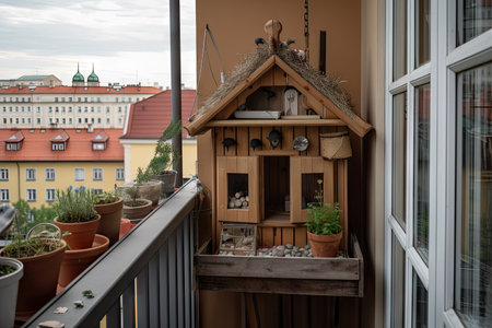 lovely birdhouse and feeder on a small balcony with a view of the city, created with generative aiの素材