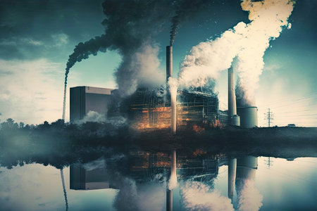 energy industry double exposure of power plant, with steam and smoke billowing from the chimneys, created with generative aiの素材