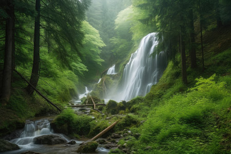 forest with waterfall, cascading water and mist, created with generative aiの素材