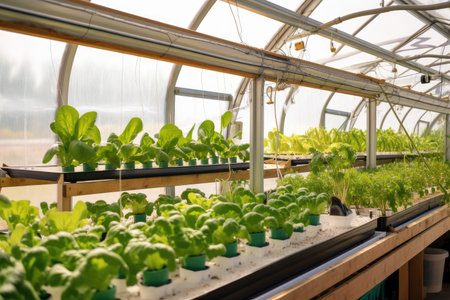 a view of an aquaponics system with plants growing in a greenhouse, created with generative aiの素材