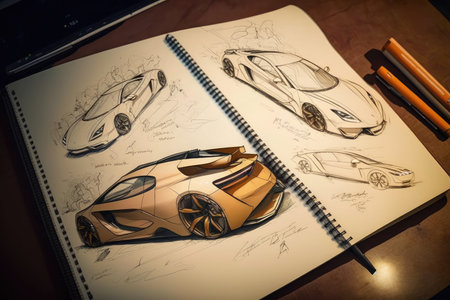 sketchbook, with multitude of sketches and designs for future cars, created with generative aiの素材