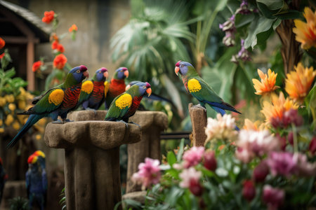 tropical garden with series of colorful and exotic birds perched on blooming flowers, created with generative aiの素材