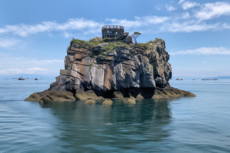 float island with towering rock structure in the background, surrounded by blue water, created with generative aiの素材