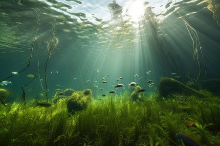 underwater view of a freshwater lake, with schools of fish swimming among underwater plants, created with generative aiの素材