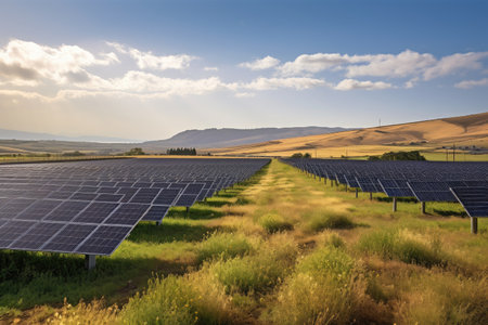 group of solar panels and installations in a field, surrounded by rolling landscape, created with generative aiの素材