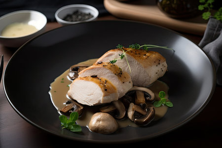 recipe for sous-vide chicken , served with mushroom and truffle oil sauce, created with generative aiの素材