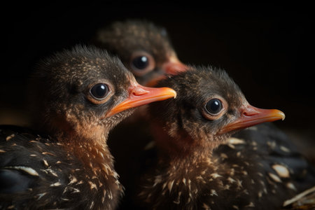 close-up of newborn birds tiny beaks and eyes, created with generative aiの素材