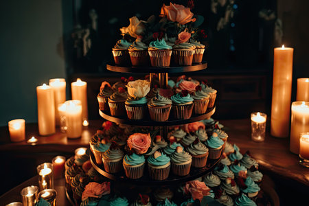 decadent cupcake tower with foliage and candles for wedding or special occasion, created with generative aiの素材