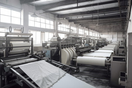 textile factory, with conveyor belts and machines processing materials, created with generative aiの素材