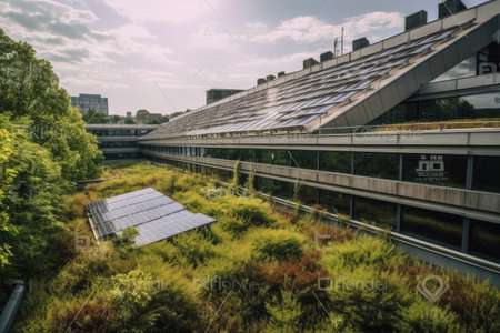 solar panels on the roof of a modern office building, surrounded by greenery, created with generative aiの素材