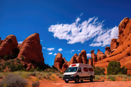 van, surrounded by towering red rocks and blue skies, created with generative aiの素材