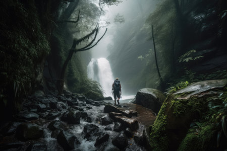 outdoor adventurer coming across hidden waterfall, with mist rising in the air, created with generative aiの素材